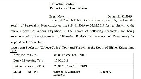 HPPSC Declared Final Result for the Post of Asstt. Professor, Drug Inspt ,Law Officer ,Agri. Officer