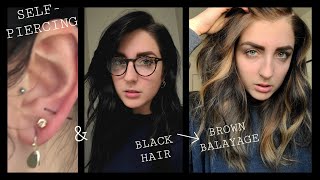 Piercing my own ears &amp; black hair to brown balayage at home | Vlog 62
