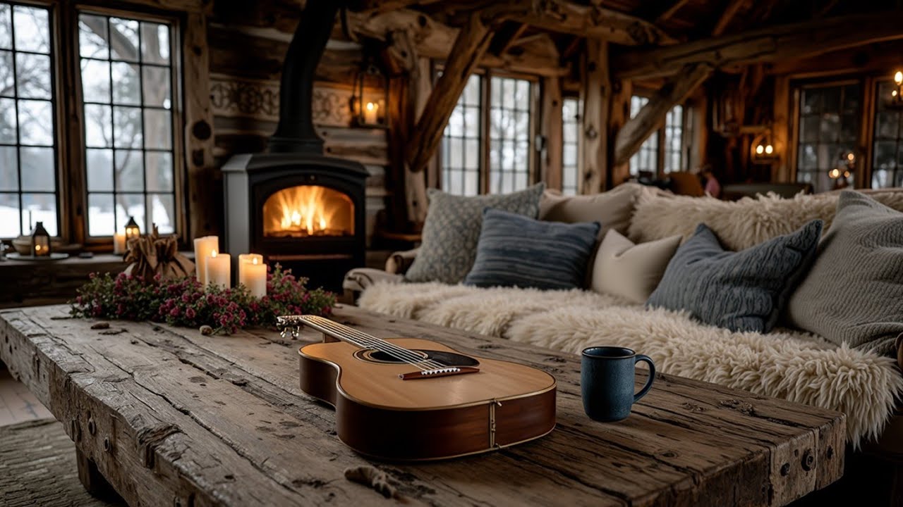 Уютная зимняя гитара и каминная атмосфера ❄️ Расслабляющие мелодии снегопада для учебы