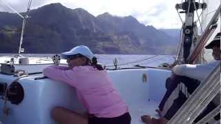 Malihini catamaran sailing Na Pali coast, Kauai