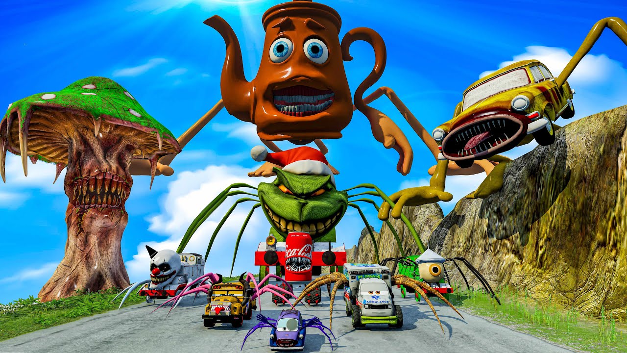 ALL MONSTERS Big & Small Cars vs Downhill Madness with HOUSE HEAD & DOUBLE CAR EATER BeamNG.Drive