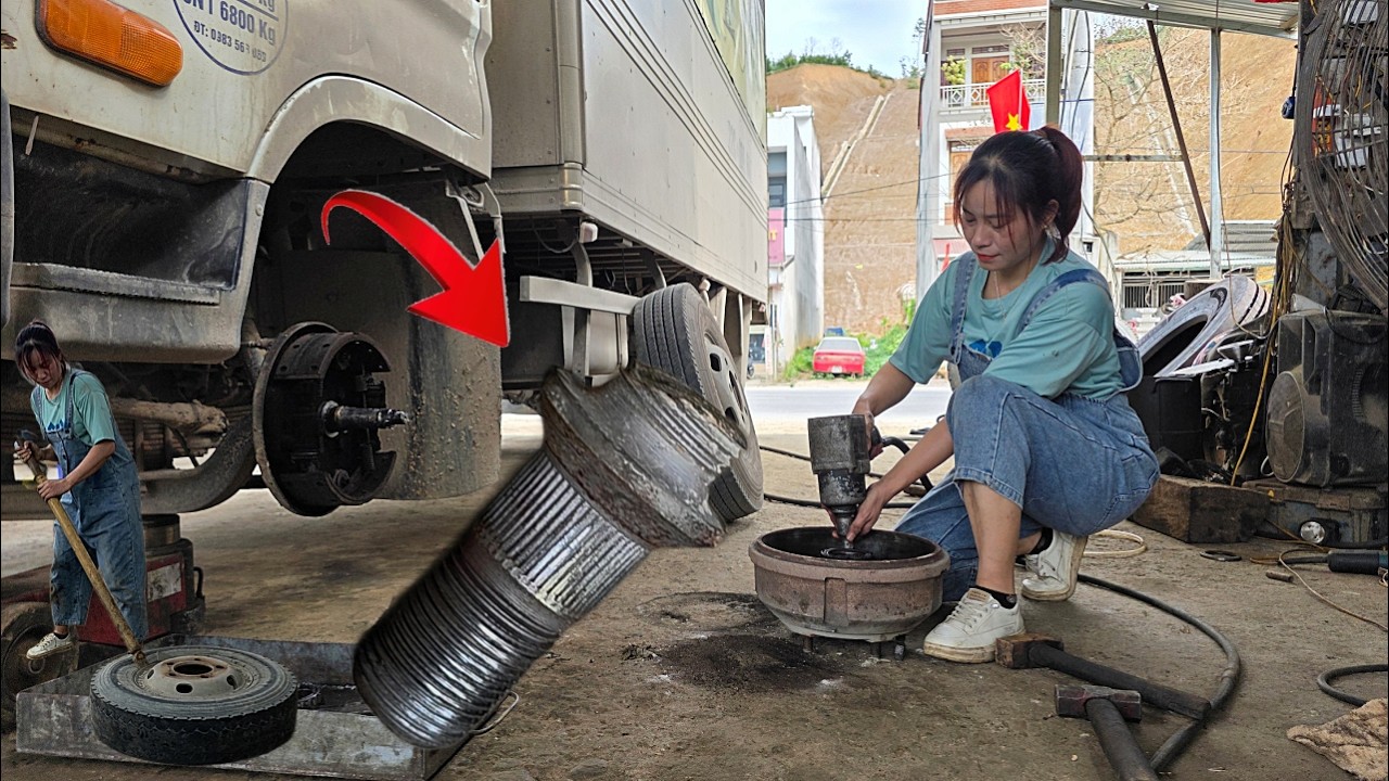 Mechanic Girl Repair A Broken Wheel Lug And Replaced The Damaged Tire On The Truck.