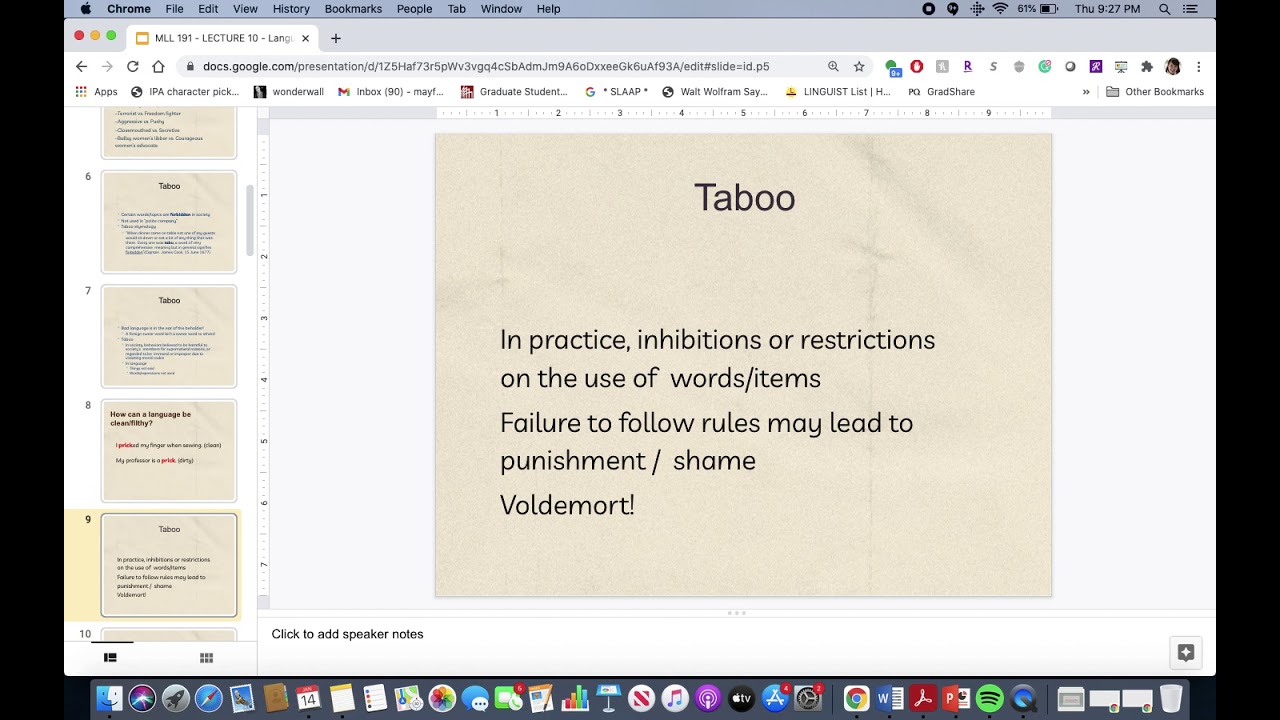 MLL 191 - LECTURE 10 - LANGUAGE TABOOS