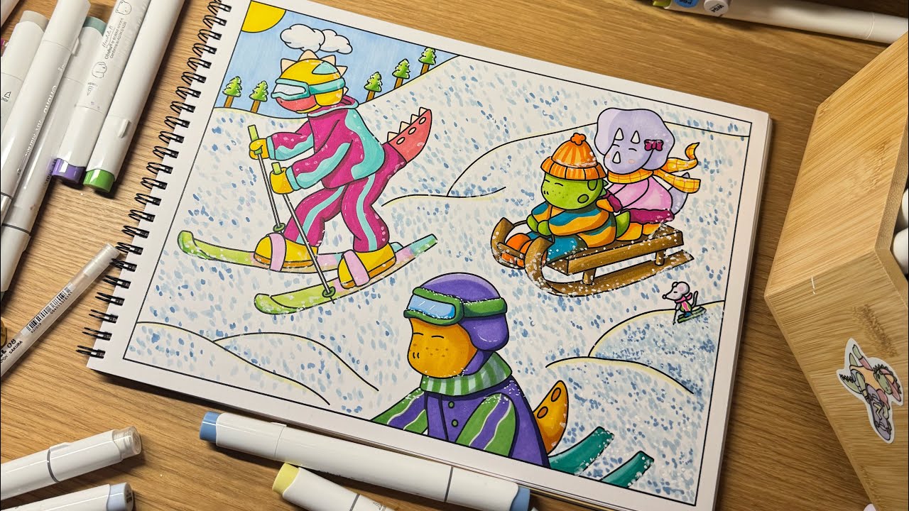 Disegniamo e coloriamo insieme in live🖌️🦕 Dinosauri fanno cose da colorare in inverno, Sci