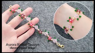 Crystal rose bracelet making. How to make beaded jewelry. Beads bracelet beading tutorial.