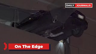 On The Edge : Vehicle Hangs 7 Stories Up After Crashing Through Parking Structure, at Bixel St. LA
