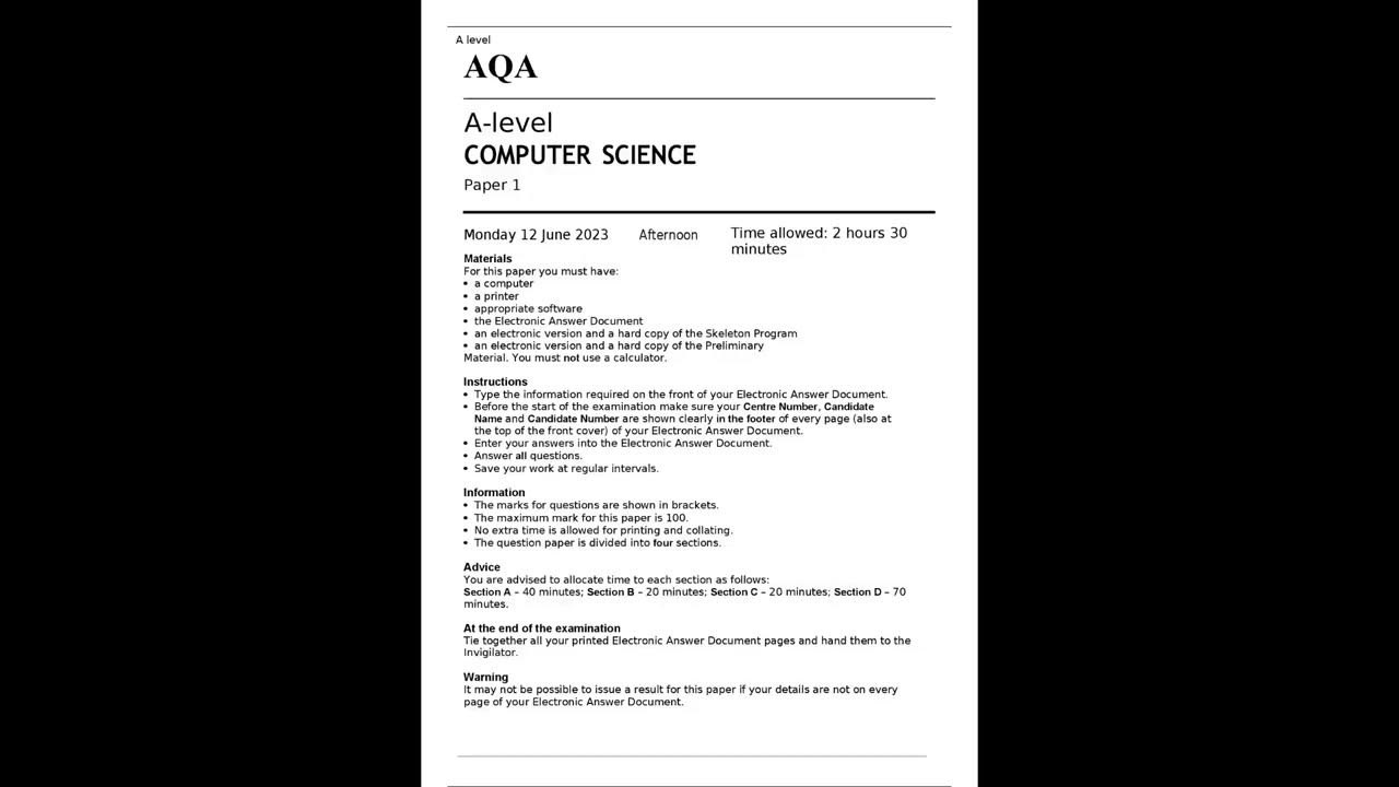 AQA A level COMPUTER SCIENCE Paper 1 JUNE 2023 QUESTION PAPER - YouTube