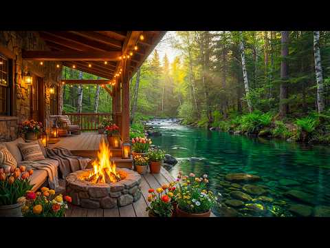 Blissful Spring Forest Riverside Cabin Porch 🔥🌲 Cozy Fire Pit, Flowing Water Ambience & Birdsong