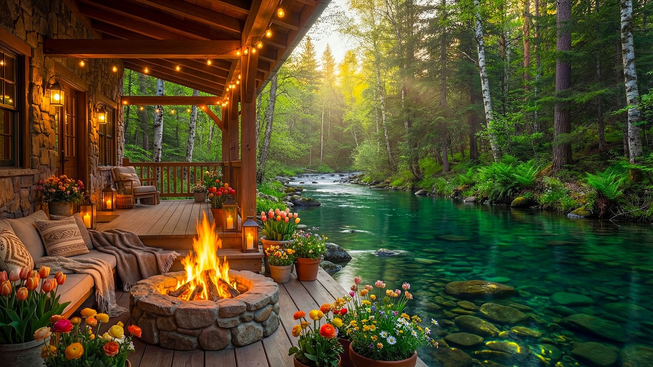 Blissful Spring Forest Riverside Cabin Porch 🔥🌲 Cozy Fire Pit, Flowing Water Ambience & Birdsong
