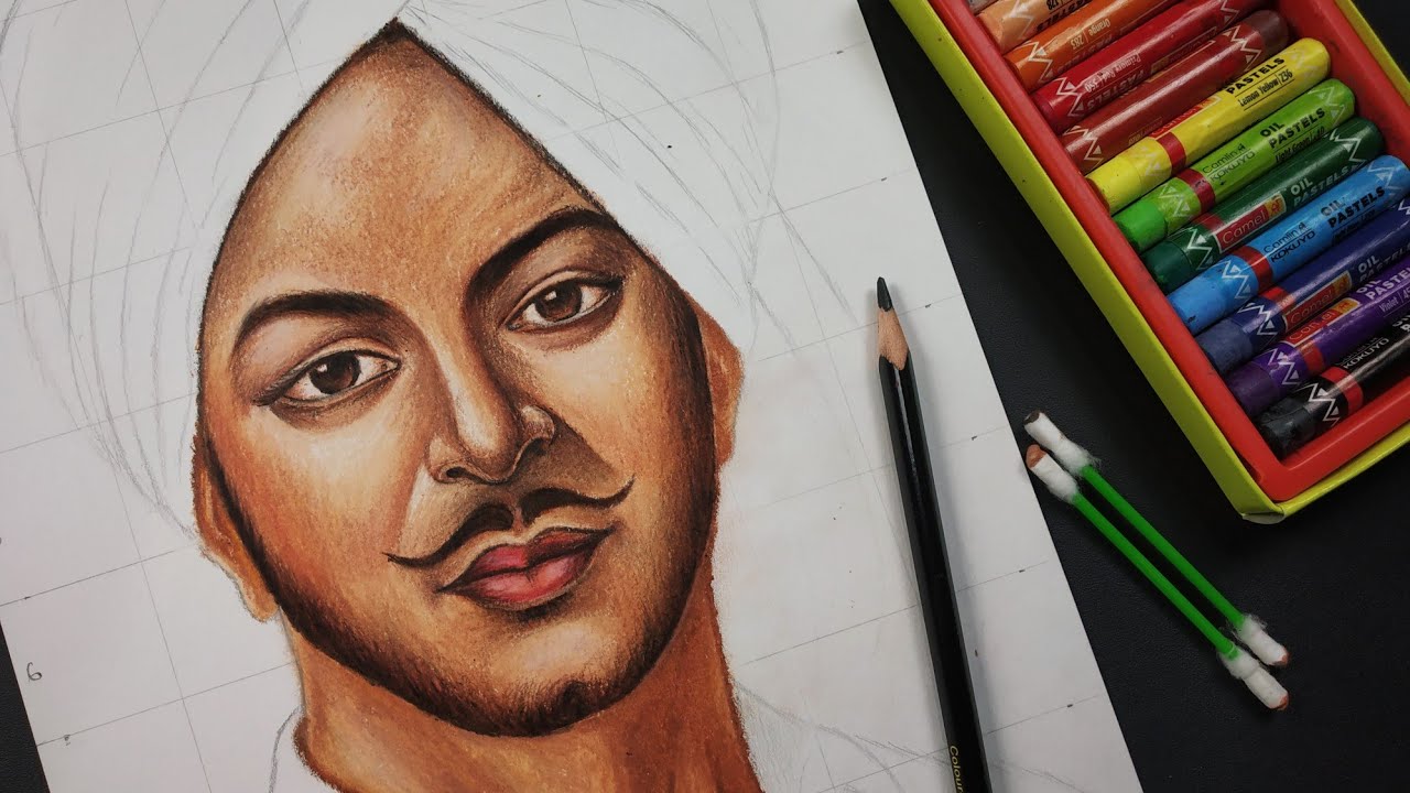 REAL-TIME  Video |  Bhagat singh drawing, Portrait drawing with oil pastel