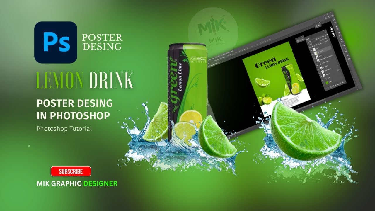 Adobe photoshop green lemon dring poster desing 2025 