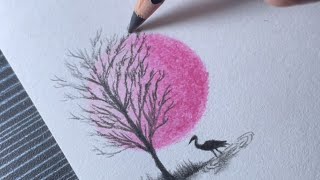 How to draw pink sunset scenery using oil pastel - step by step very easy!