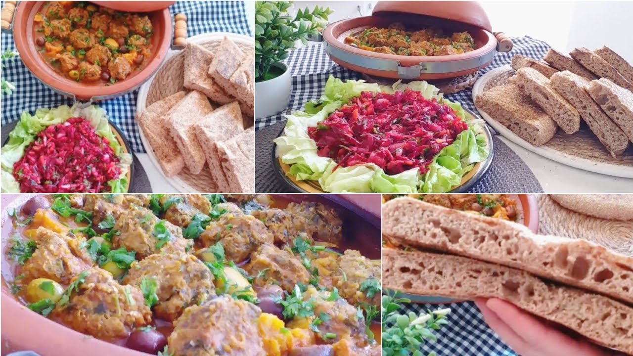 وجبة غذاء صحية/طاجين كريات السمك بالبطاطا حلوة/مطلوع بالفرينة الكاملة والخميرة الطبيعية/سلطة