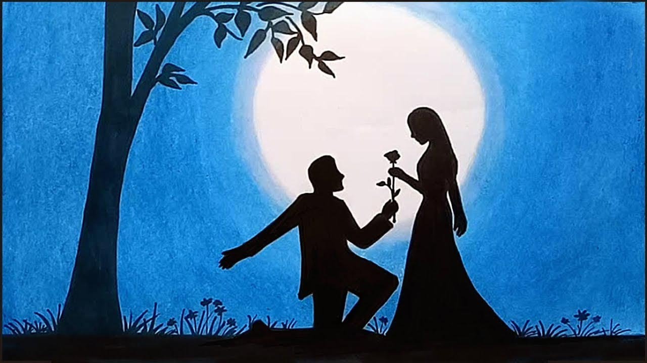 How To Draw Scenery Of Moonlit Night With Romantic Love Valentines Day Drawing