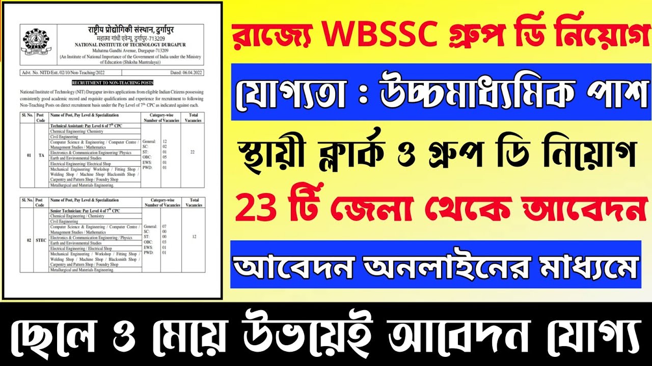 রাজ্যে WBSSC ক্লার্ক ও গ্রুপ ডি নিয়োগ 2022 | উচ্চমাধ্যমিক পাশ | WBSSC Clerk and Group D Recruitment