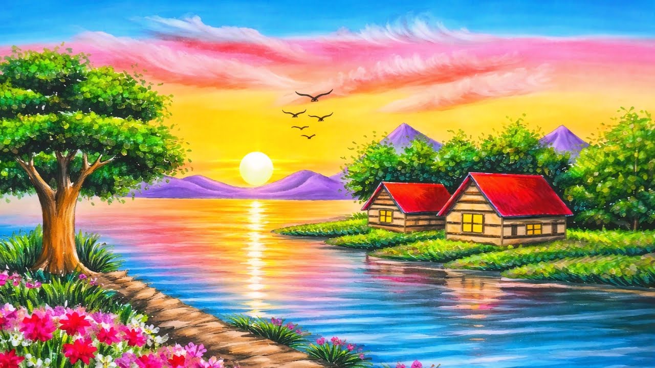 Peaceful Sunset Landscape Drawing Tutorial | Easy Oil Pastels for Stress Relief & Calm Art 