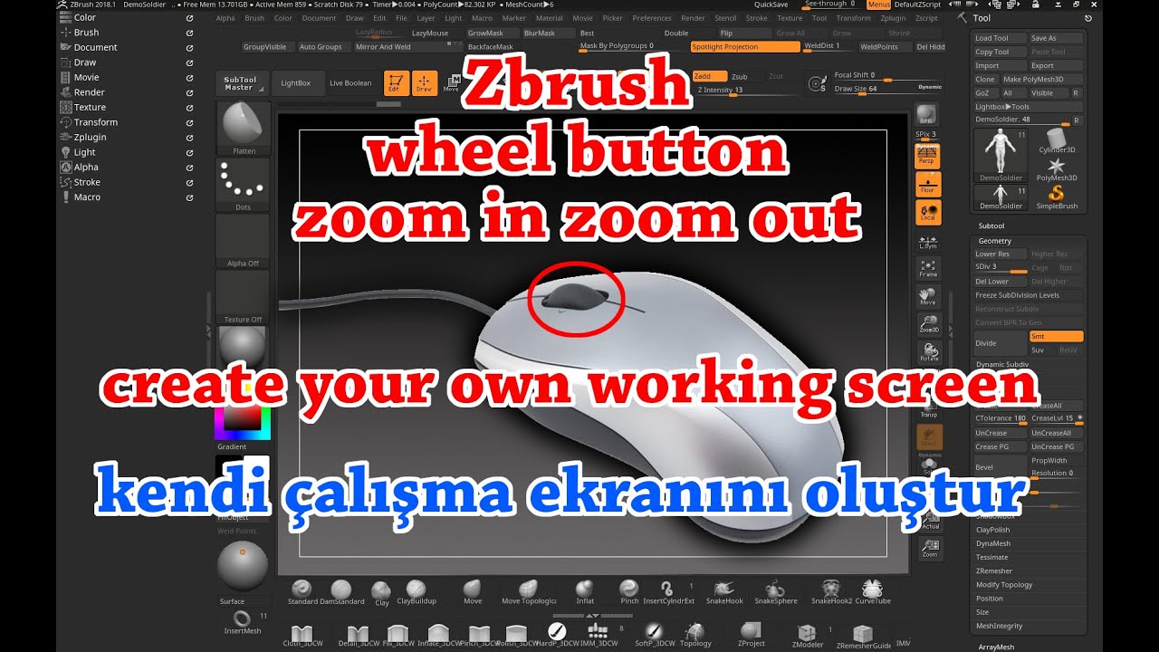 how to zoom in and out zbrush