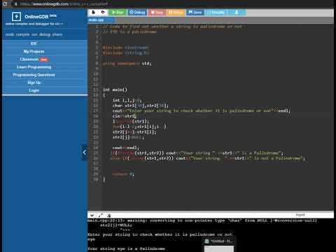 C++ code to check whether a string is palindrome or not