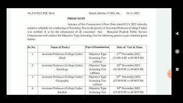 HPPSC Assistant Professor Screening Test Schedule