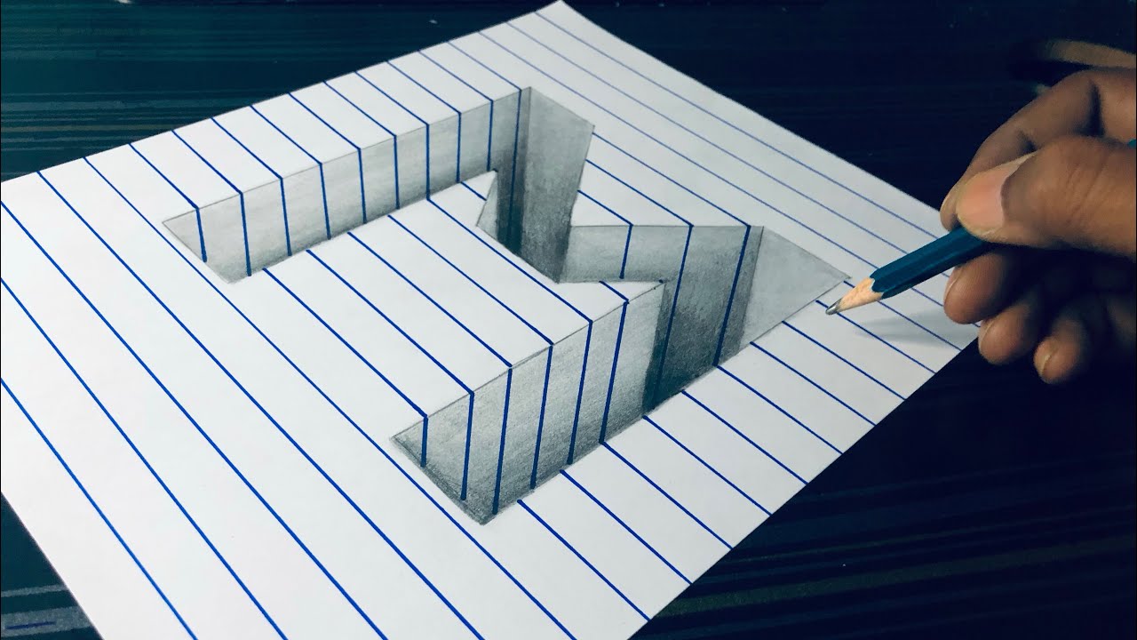 Draw a Letter M Hole on Line Paper - 3D Trick art