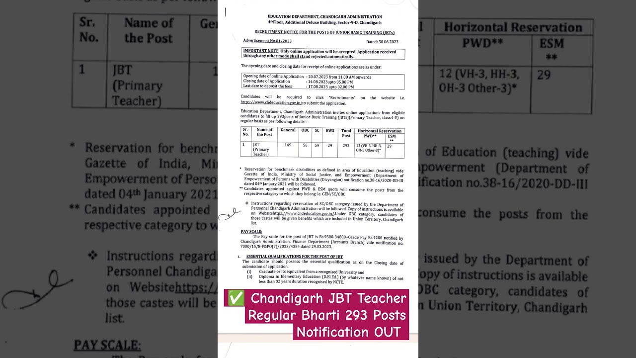 Chandigarh JBT Teacher Regular recruitment # Chandigarh police 
