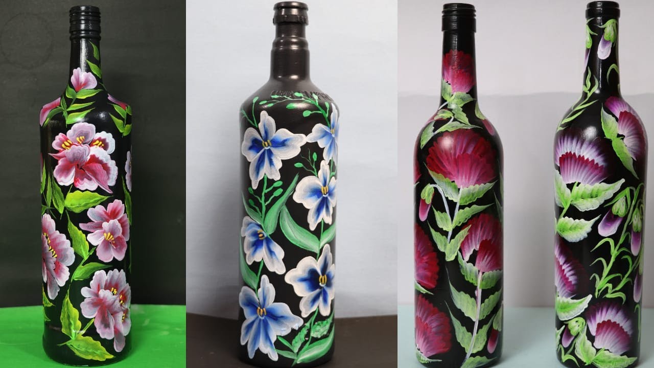 3 DIY Bottle painting | 3 Easy bottle art | 3 Floral bottle decor ...
