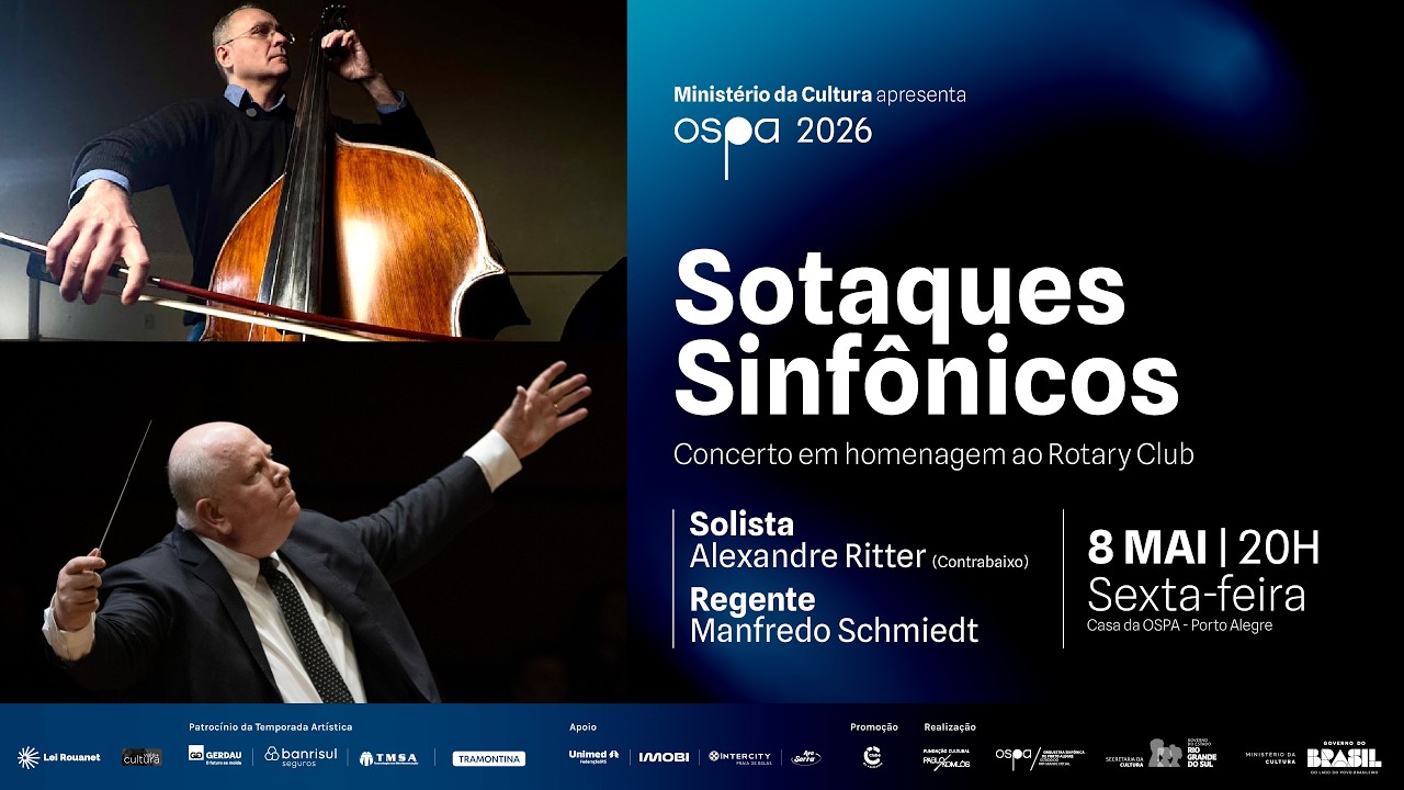 A OSPA apresenta &ldquo;Sotaques Sinf&ocirc;nicos&rdquo;, um concerto que faz homenagem ao Rotary Club. Sob a reg&ecirc;ncia de Manfredo Schmiedt, a orquestra interpreta a &ldquo;Abertura Sinfonia Carnaval&rdquo;, de Paulo Dorfman, e se junta ao contrabaixista solista Alexandre Ritter no &ldquo;Sconcerto para Contrabaixo e Orquestra&rdquo;, de Armando Trovajoli. Depois do intervalo, &eacute; hora das &ldquo;Dan&ccedil;as Sinf&ocirc;nicas&rdquo; de &ldquo;West Side Story&rdquo;, adapta&ccedil;&atilde;o de Leonard Bernstein de trechos marcantes de seu famoso musical de mesmo nome.

Saiba mais sobre o concerto: 

https://ospa.rs.gov.br/jazz-musicais-... 

Confira a programa&ccedil;&atilde;o da Temporada OSPA 2026 em ospa.rs.gov.br/agenda 

Programa: 0:00 - 4:54

Paulo Dorfman | Abertura Sinfonia Carnaval 4:54 - 12:44

Armando Trovajoli | Sconcerto para Contrabaixo e Orquestra
(Casa Ricordi srl, Milano Melos Ediciones Musicales S.A., Buenos Aires www.melos.com.ar)

&middot;      Blues 12:44 - 19:13
&middot;      Allegretto 19:13 - 26:22
&middot;      Pavane 26:22 - 33:44
&middot;     Scherzo 33:44 - 43:48

Intervalo 43:48 - 44:58

Leonard Bernstein | West Side Story: Symphonic Dances 44:58 - 45:27
(Ed. Boosey & Hawkes Bernstein)

&middot;      Prologue 45:26 - 50:04
&middot;      "Somewhere" 50:04 - 54:20
&middot;      Scherzo 54:20 - 55:53
&middot;      Mambo 55:53 - 58:15
&middot;      Cha Cha 58:15 - 59:19
&middot;      Meeting Scene 59:19 - 1:00:09
&middot;      "Cool" Fugue 1:00:09 - 1:04:10
&middot;      Rumble 1:04:10 - 1:06:23
&middot;      Finale 1:06:23 - 1:13:29

Apresenta&ccedil;&atilde;o: Orquestra Sinf&ocirc;nica de Porto Alegre

Solista: Alexandre Ritter (contrabaixo)

Regente e Diretor Art&iacute;stico: Manfredo Schmiedt