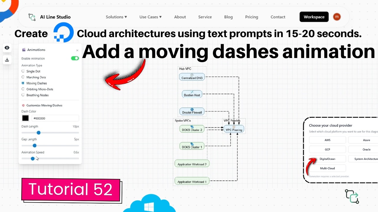 Add moving dashes animation in DigitalOcean architecture diagram tutorial showing flowing dashes on multi-VPC hub-and-spoke connections