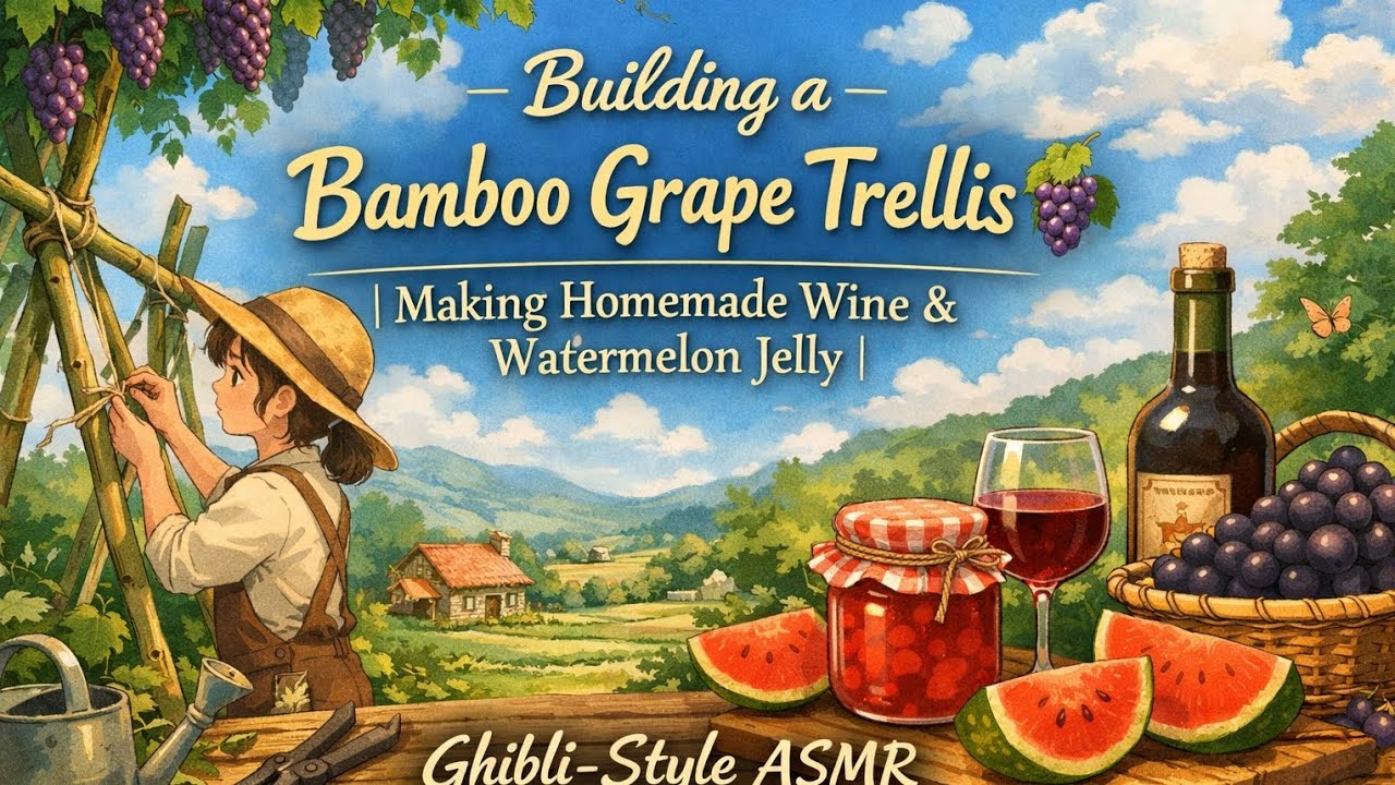 Building a Bamboo Grape Trellis 🍇 | Making Homemade Wine & Watermelon Jelly | Ghibli-Style ASMR