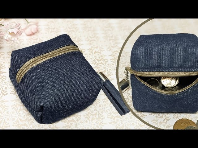 DIY Sweet Embellished Denim Coin Purse With Zipper Out of Old Jeans