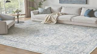 PureCozy Washable Area Rug 5x7 Blue Floral Carpet for Living Room Soft Low Pile Non Slip Indoor Offi