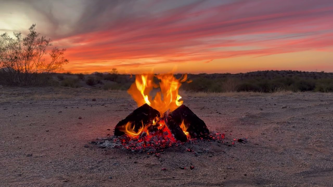 Crackling Campfire at Sunset | Relaxing Fire Sounds with Arizona Desert Ambience (1 Hour)