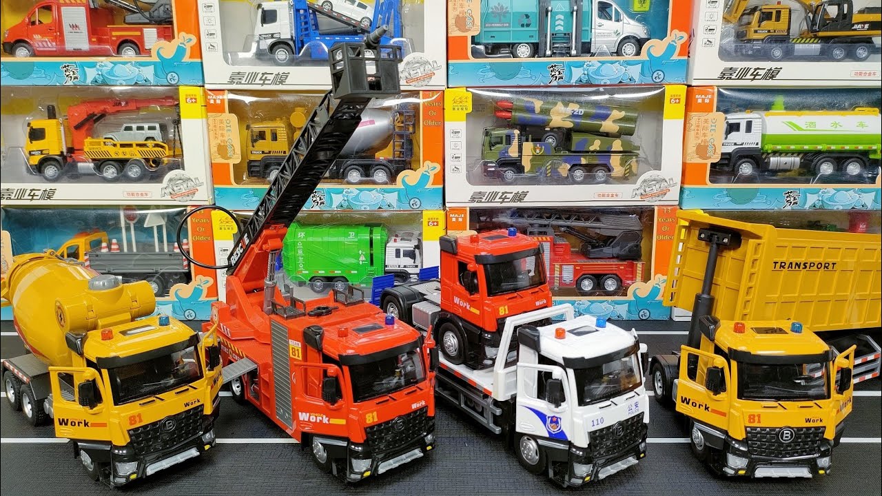 Diecast Truck Collection Of Mixer Truck, Fire Truck, Flatbed Truck, Trailer Truck