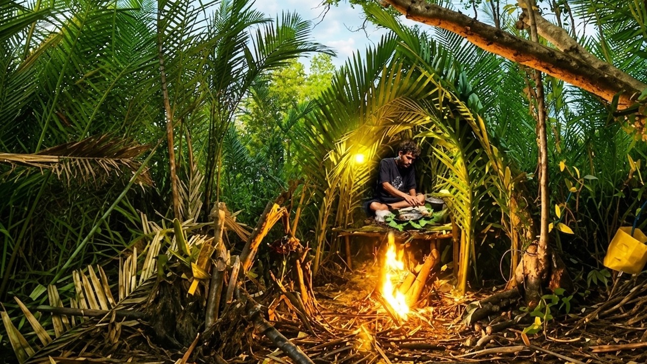 Solo Survival Building a Warm and Cozy NEST Bushcraft tree house ...