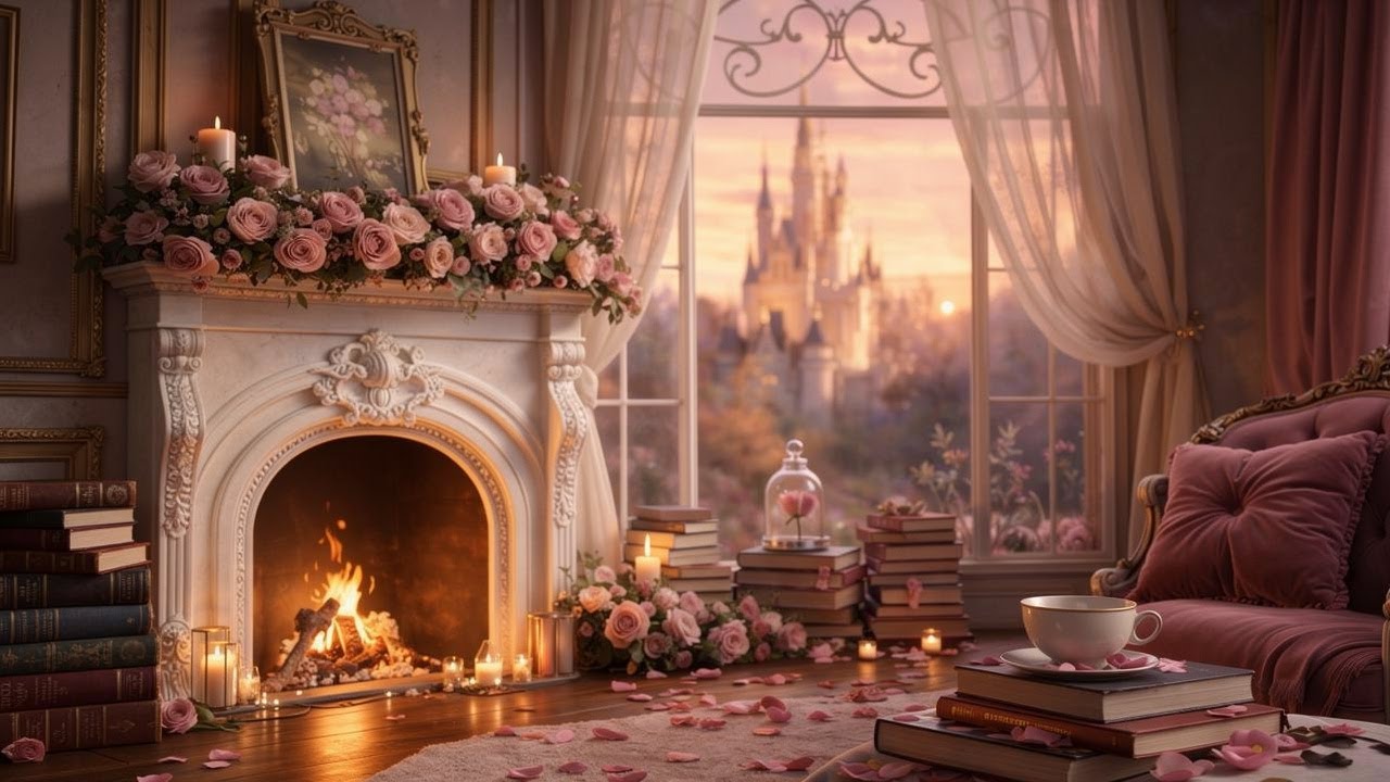 Disney Inspired Romantic Castle Fireplace 🌹 Cozy Fairytale Sitting Room 5 Hours