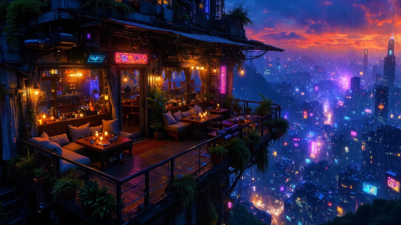 Lofi Ambient – Cozy Cyberpunk Balcony with Rain Sunset & Neon City | Relaxing Night Vibes | 4K