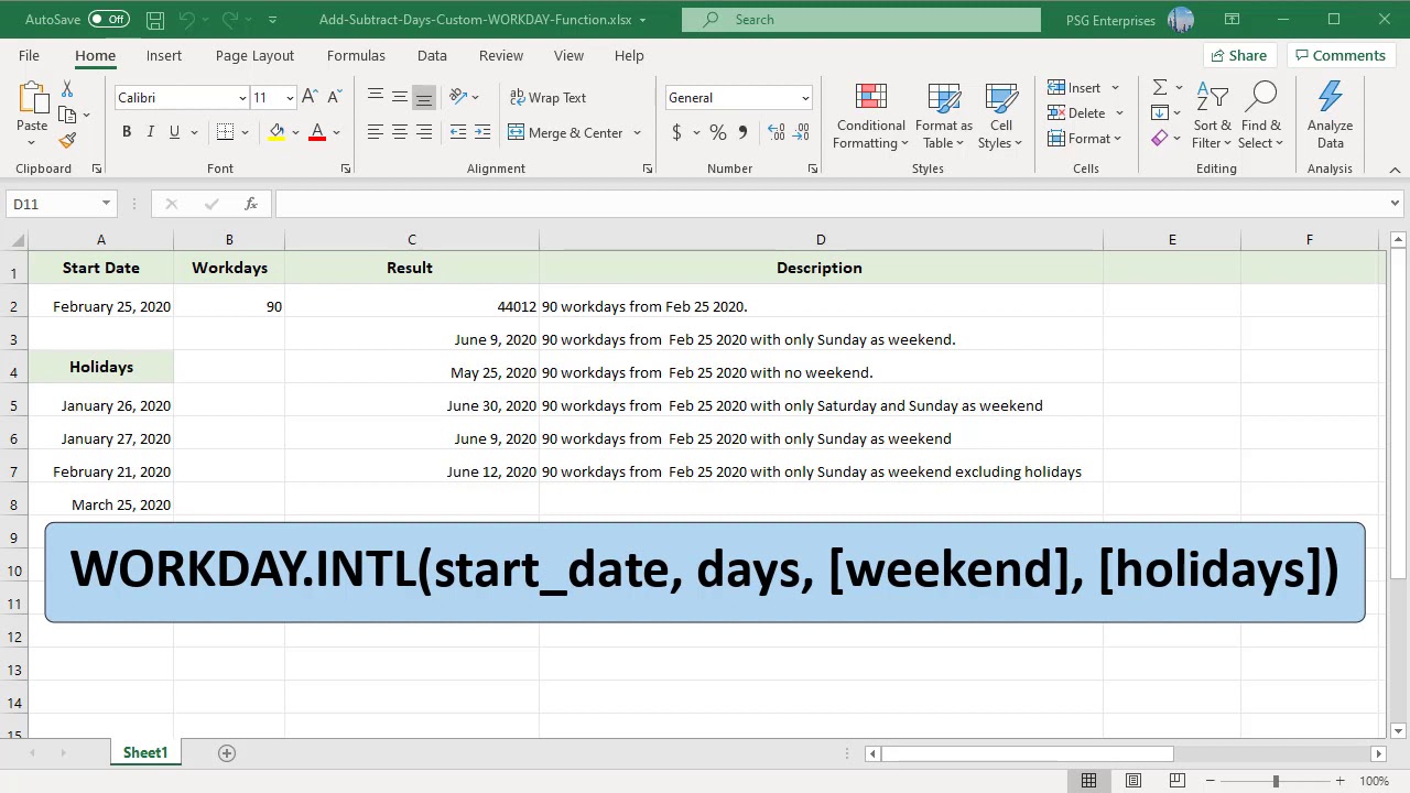 How to add subtract workdays to a date with custom weekends using