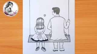 Fathers day drawing easy | Father and daughter drawing on swing | Fathers day gift ideas
