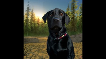 Realistic 3D Rendering of a Black Labrador Retriever in a Mountain Lake Sunset