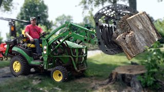 it hit my truck!  dead trees vs. john deere 1025r, 2038r, kubota lx3310 and ventrac 4500