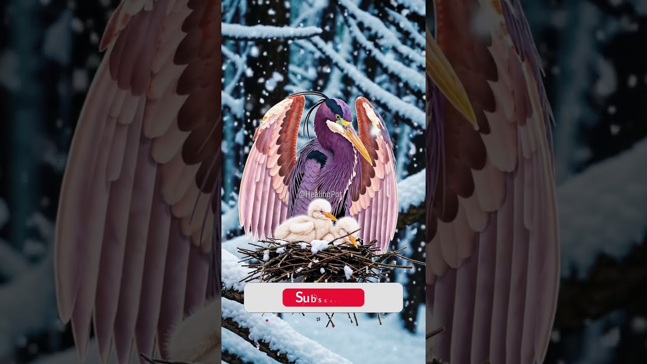 Majestic Purple Heron Щиты цыплят из зимних объятий ❄ | 