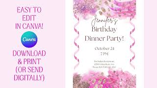 Birthday dinner party invitation template, dinner invite, pink dinner party, birthday dinner invite
