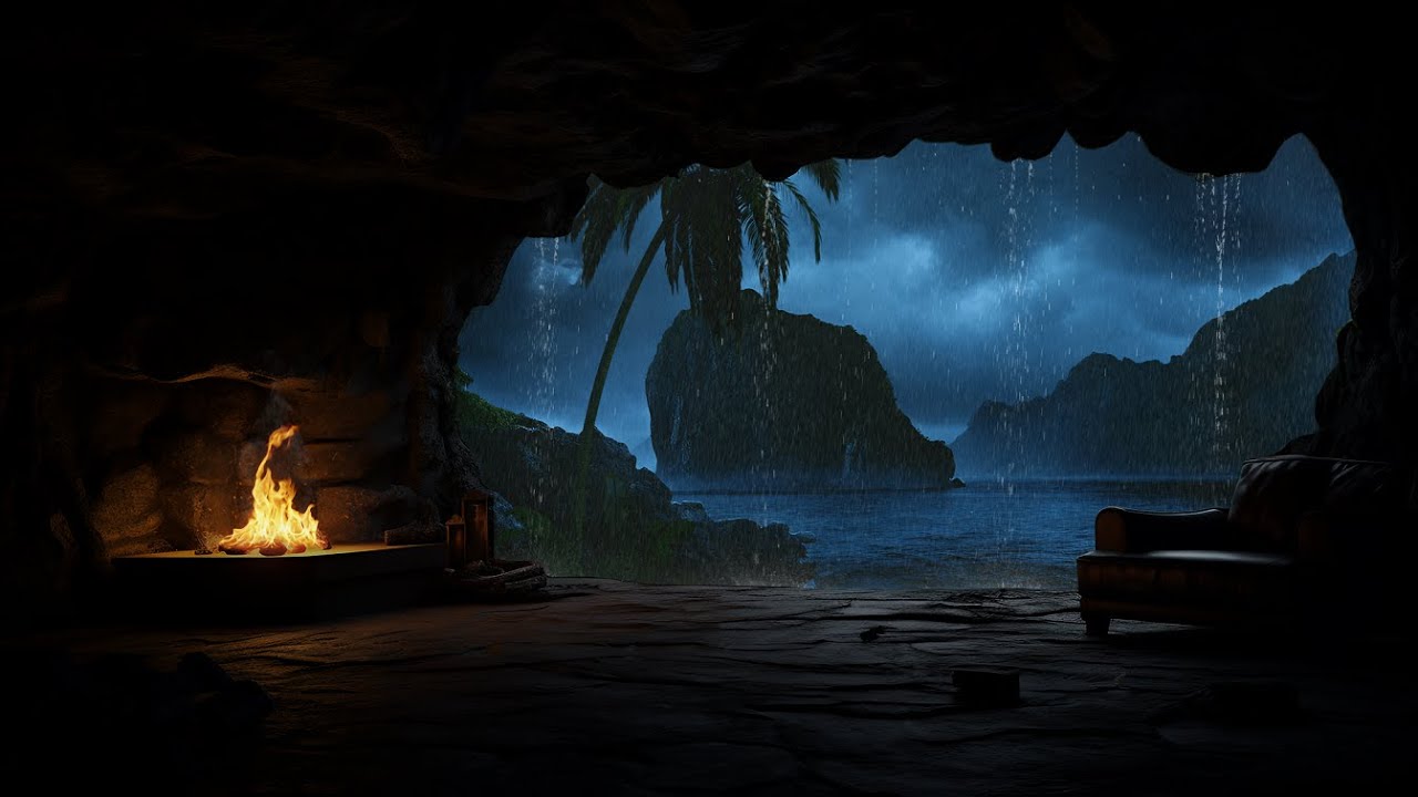 Tropical Cave Rest, the Sounds of Rain, Thunder and a Cozy Campfire ...