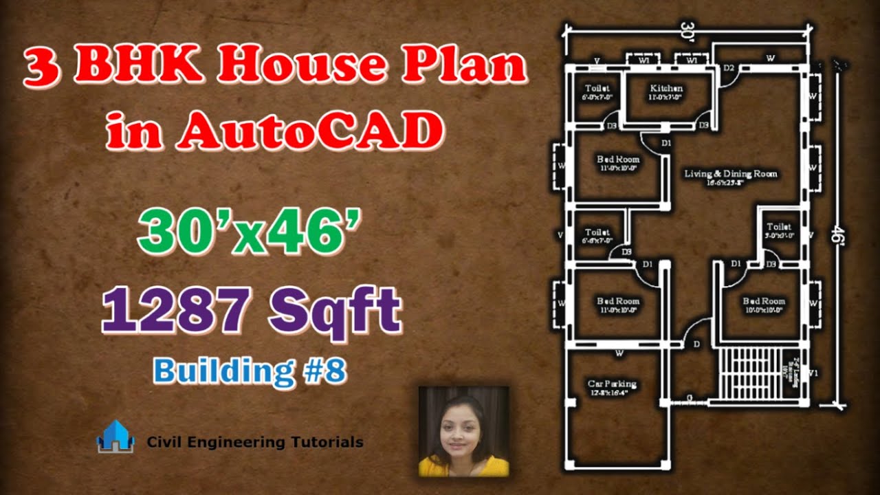 30'x46' 3 BHK House Plan with Car Parking in AutoCAD || 1287 sqft ...