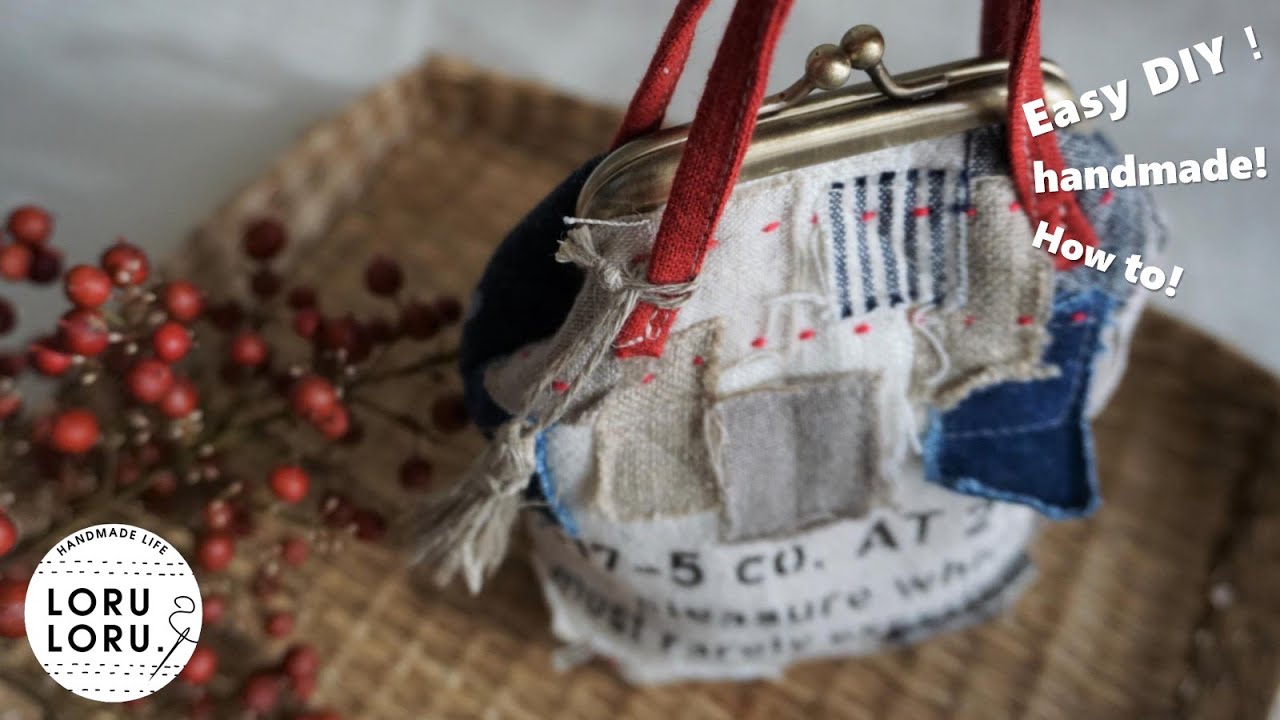 がまぐちの小物入れ作りました♪ステンシルで文字を入れてマイブランドごっこは楽しい【はぎれ活用】DIY：How to make GAMAGUTI.