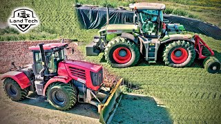 Тракторы Кировец К-744Р4 и CLAAS Xerion 3800 трамбуют сенаж. Навесной трамбовщик силоса из Ж/Д колес