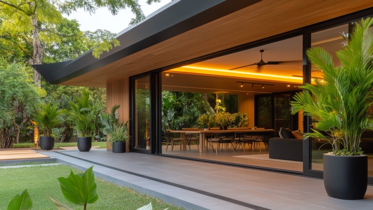 Современные минималистичные тенденции в дизайне домов 2026 года: гостиная и столовая открытой пла...