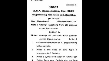 bca 1st semester question paper programming principles and algorithm #paper2022 #ccsu #bca