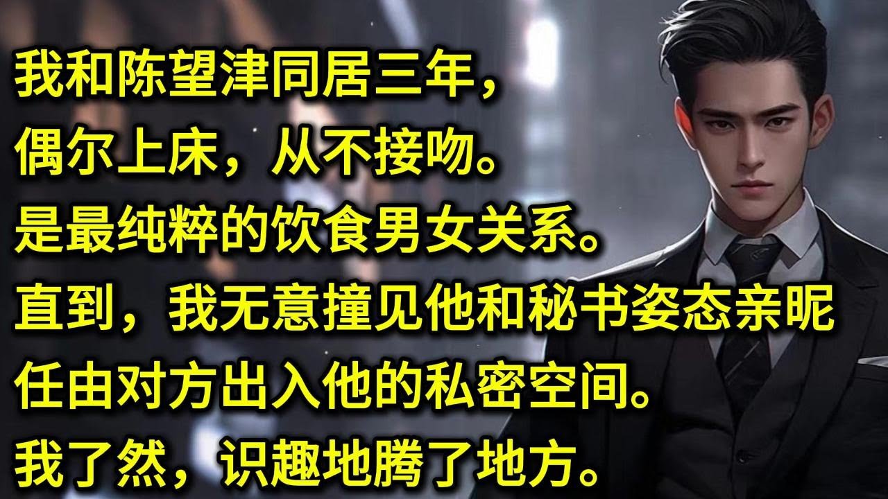 我和陈望津同居三年，偶尔上床，从不接吻。是最纯粹的饮食男女关系。直到我无意撞见他和秘书姿态亲昵，任由对方出入他的私密空间。我了然识趣地腾了地方。离开那晚，我给他发了条短信告别：我要结婚了，以后别联系了