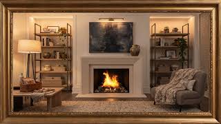Cozy Modern Fireplace Living Room Gold framed Vintage art screensaver 4k TV Painting wall art